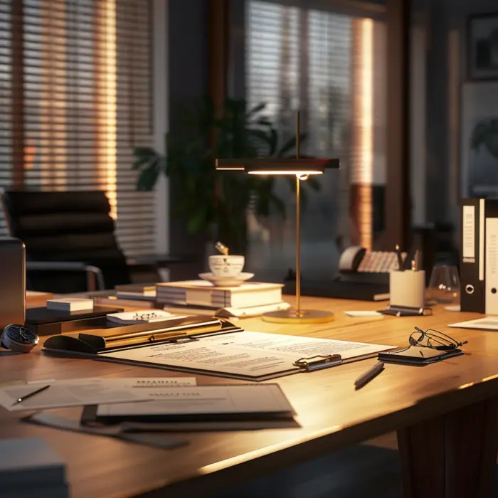 Desk with LLC formation documents, clipboards, glasses, and a coffee cup in a well-lit office with warm lighting and organized folders.
