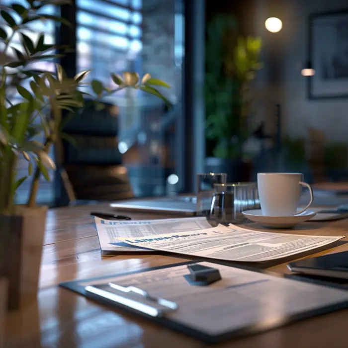 LLC setup documents, clipboard, and coffee cup on a wooden desk in a modern office with natural lighting and plants.