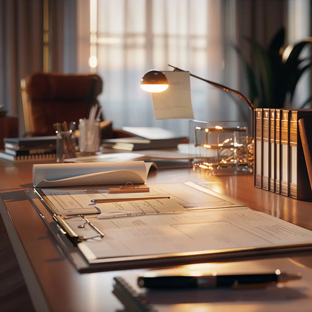LLC registration documents and clipboard on a polished desk with legal books, pen, and desk lamp in a formal office setting.